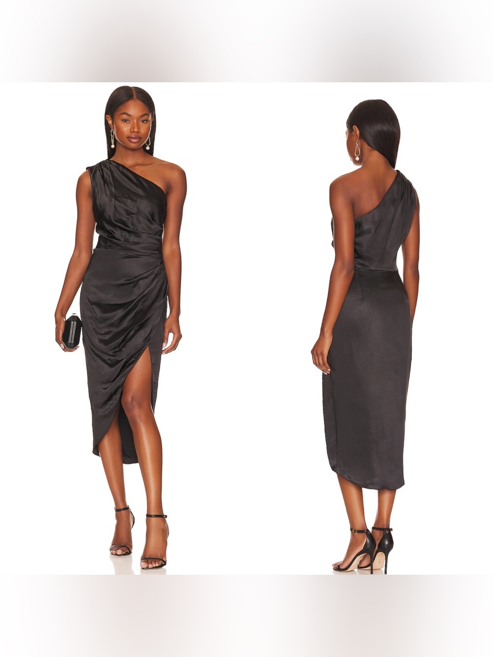 ELLIATT Black Cassini Draped One Shoulder Midi Dress M Asymmetrical Cocktail